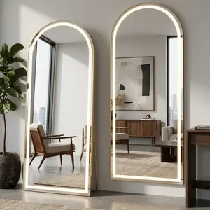LED Lighted and Non-Lighted Full-Length Mirror Arched Rect Top Aluminum Frame Floor Standing Dressing Mirror for Bedroom Living Room Black Golden White