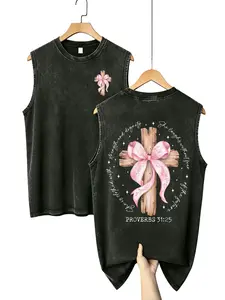 Oversized Black Acid Wash Proverbs 31 Tank Distressed Coquette Christian Muscle Tank with Pink Bow Cross Bible Verse Summer Top tiktokshopspringglowup clothes clothing t-shirt cotton washed Album Graphic Grunge
