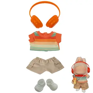 Lubu Clothes Set Kawaii Overalls Outfit For 17cm Doll with Headphones Keychain Boots | 5-Piece Fashion Replacement Accessories No Doll Included