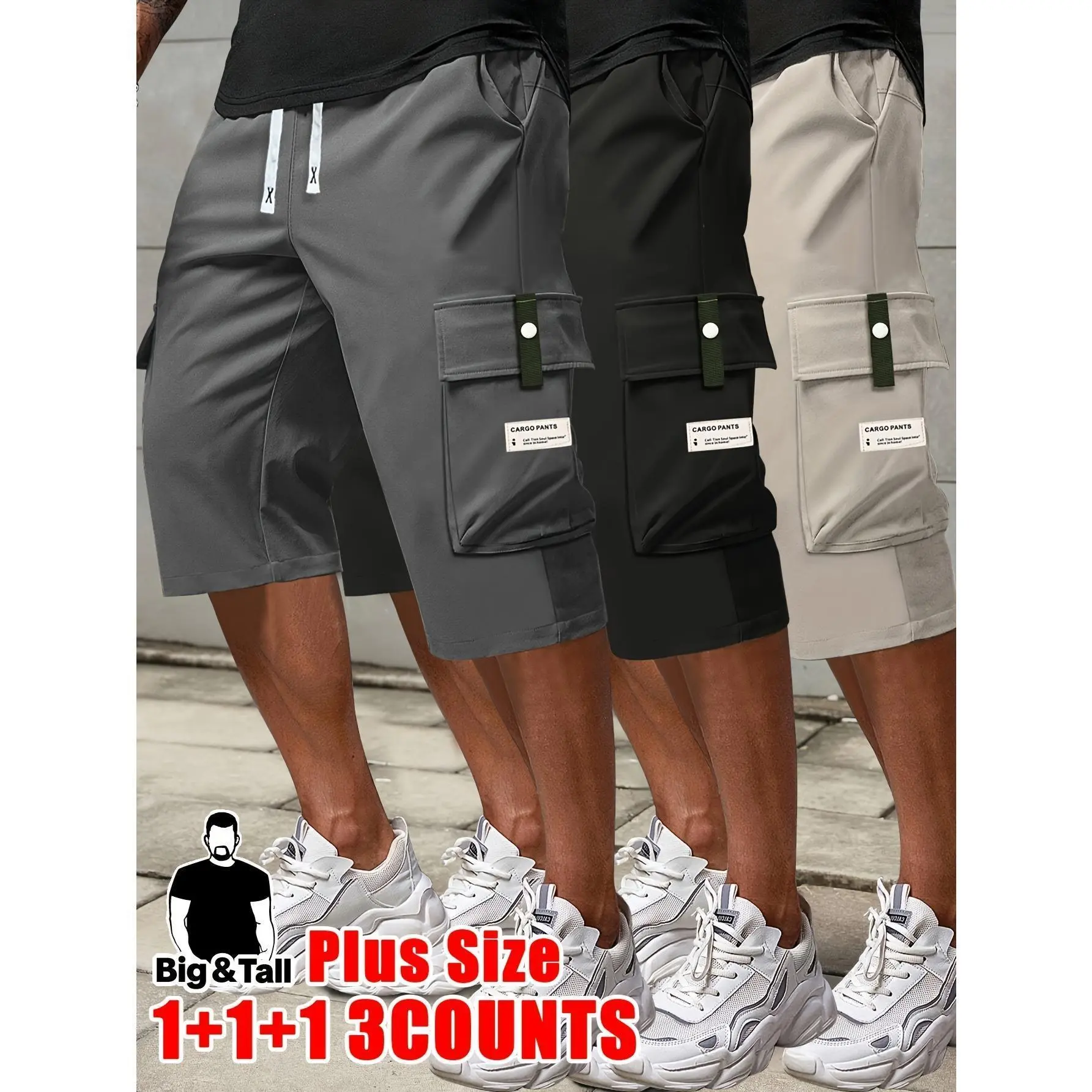 Big & Tall Mens 7 Inch Cargo Capri Shorts, Plus Size Loose Fit Knee Length 3/4 Cropped Pants, Elastic Waist Drawstring Multi Pocket Casual Work Shorts, Lightweight Quick Dry Walking Shorts for Summer Daily Outdoor WearComfy Elastic Waist Drawstring Pants，
