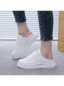A pair of women's mule-style platform white sneakers, backless lazy design, versatile casual closed-toe half-slipper white shoes, Walking Shoes