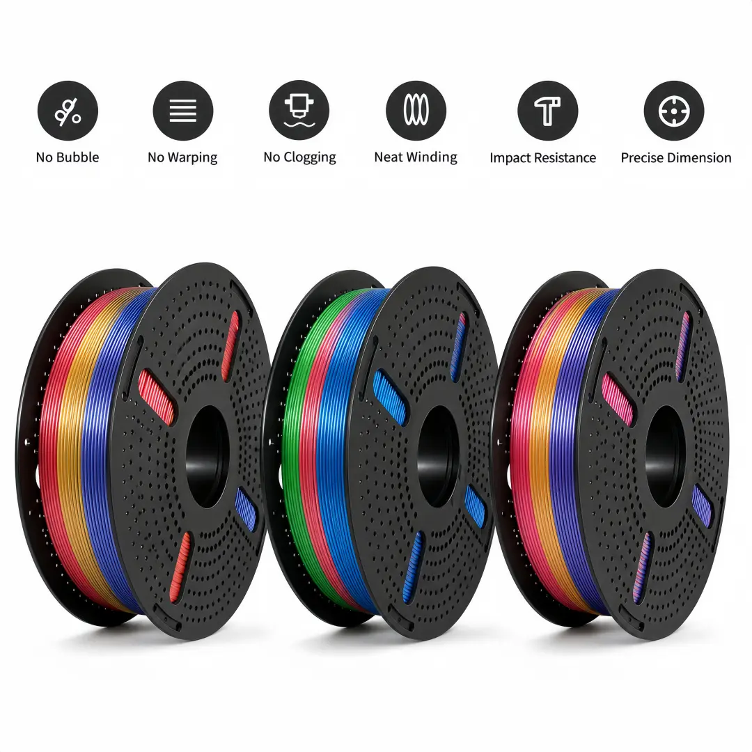 3-Color Silk PLA+ 3D Printing Filament, 1.75mm Diameter, 1kg Net Spool, Multi-Colors High-Gloss FDM Filament, Smooth Output, Neat Winding, Low Curling-Warping Edges, Compatible with FDM Printers for Models, Prototypes