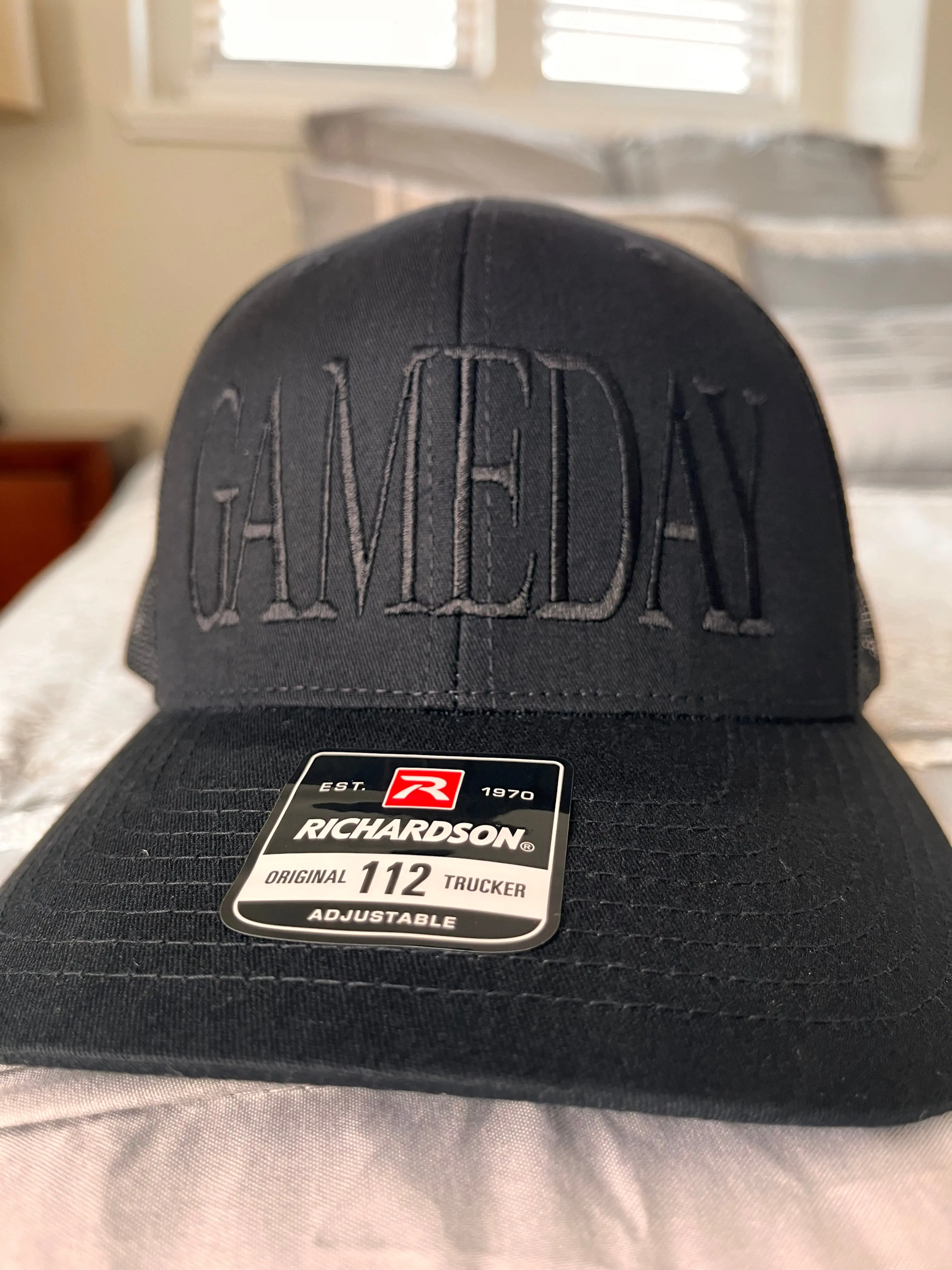 Richardson GAMEDAY Embroidered Logo Trucker Baseball Cap (Richardson 112) - Black on Black, Adjustable Size, Sturdy, Durable, Classic Design, Unisex Fashion Accessory, Sports Hat, Unisex Fit