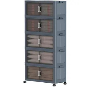 5 Tier Folding Storage Containers with Wheels, Stackable Collapsible Plastic Bins, Durable Organizer for Kitchen Pantry and Closet