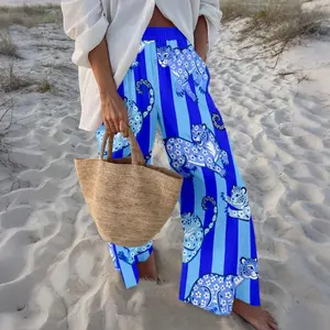 Women Vibrant Leopard Print Striped Palazzo Pants | Bold Colorful Wide-Leg Trousers for Summer & Beach