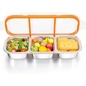 Stainless Steel Snack Container, Reusable Condiment Box with Lid, Locking Lid, Bento Box, Bento Lunch Box, 3 Compartment Sauce Cups, Divided Food Storage Container for School, Home, Travel 1pc