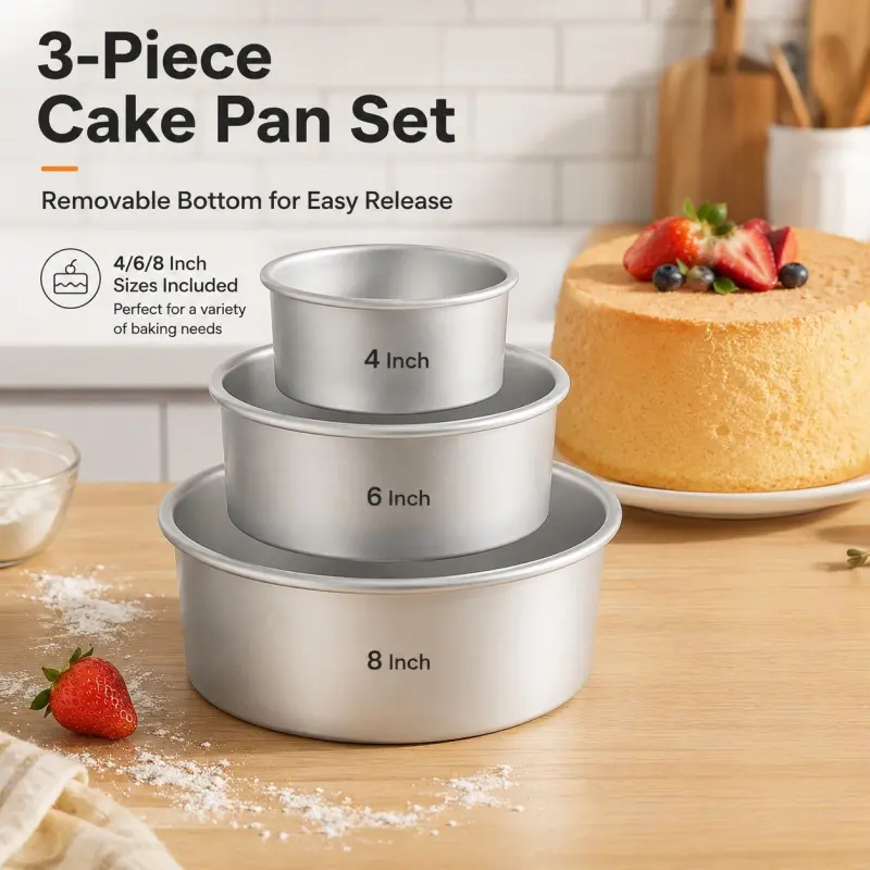 3-piece round aluminum cake pan set (4/6/8 inches), removable bottom, suitable for making multi-tiered cakes and cheesecakes, Cake Baking Pans