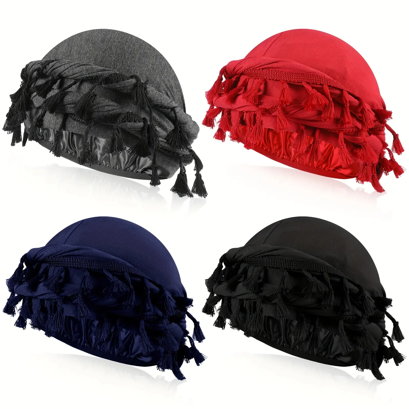 4pcs Retro Silk Twist Head Wraps, Satin Lined Turban With Tassels, For Cycling Sports For Women Men Christmas Gift