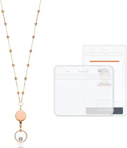 Retractable Badge Reel Lanyard with 2 count ID Holder for Women, Fashion Beaded Chain  Stainless Steel Lanyard Necklace Water Resistant Name Badge Holder