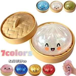 Dumpling Squishy Toy Ball - 7 Colors Glitter Crystal Effect Squeezy Stress Ball, Squish Balls for Teenager & Adults - Sensory Fidget Toy for Anxiety Relief, Perfect Gift.