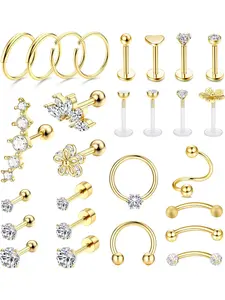 27 Pcs Helix Tragus Piercing Earrings for Women Men Stainless Steel Hoop Ear Shell Piercing Ear Jewelry Nose Lip Clicker Ring CZ Barbell Piercing Set for Girls Gift