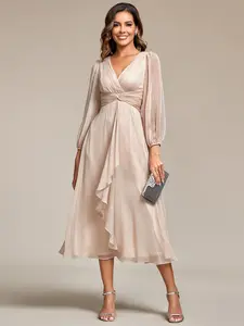 Ever-Pretty 2026 Valentine dress Spring Elegant & Flattering Chiffon Midi Dress with Deep V-Neck, Puff Sleeves and Twist Knot Waist – Size Inclusive for Special Occasions, – Wedding Guest & Evening Holiday Party Dress, Formal dress 01977
