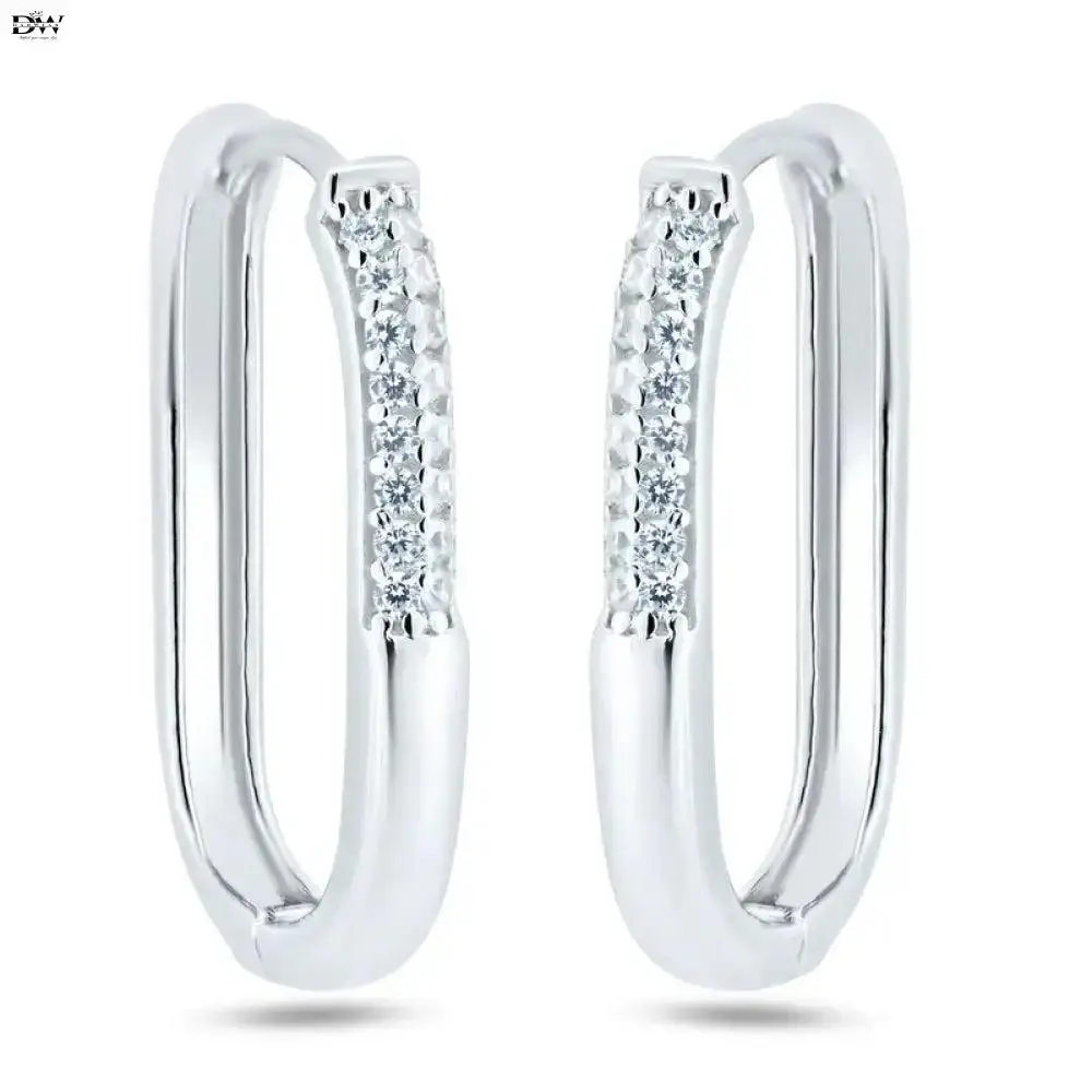 Rhodium 925 Sterling Silver CZ Oval Hoop Earrings