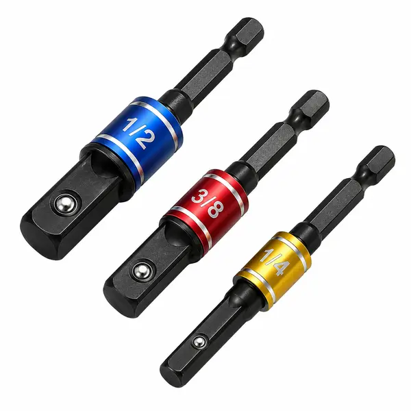 3PCS Socket Adapter Set, 1/4 in Hex Shank to 1/4, 3/8 and 1/2 in Square Drive, Color-Coded Steel Drill Bit Extension Adapters for Impact Drivers, Power Drills, Socket Wrenches, Auto Repair, Home Maintenance and DIY Projects
