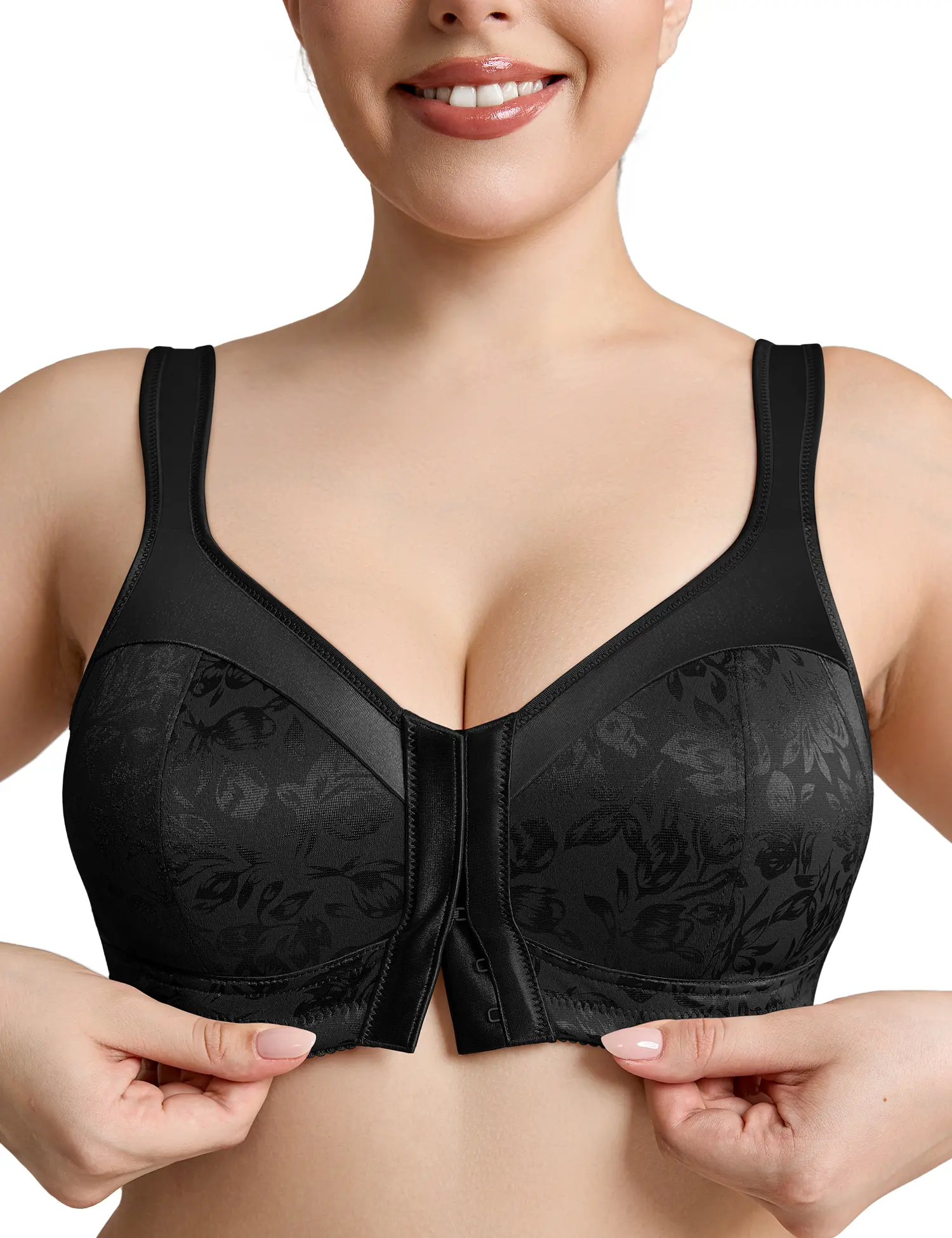 Wingslove Front Closure Plus Size Bra Wireless Full Coverage Jacquard Minimizer Bra Wide Strap Comfort Everyday Bra for Large Bust Women