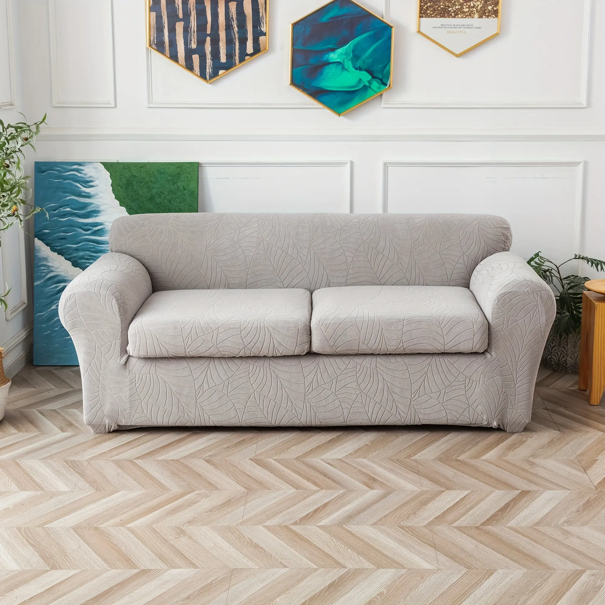 Stretch Sofa Slipcover for 2 Cushion Couches, Washable Jacquard Loveseat Cover with 2 Separate Cushion Covers, Pet Friendly