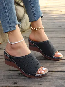 Women's Large Size Wedge Sandals, Hollow Out Breathable Shoes, Casual Outdoor Slippers, Comfortable Summer Footwear, Fashionable Wedge Shoes, PU Leather Sandals, Open Toe Sandals