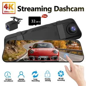 10'' Rear View Mirror Camera with 5.8GHz WiFi, WiFi Car Dashcam, 4K Dash Cam Front and Rear with WDR, Touch Screen Rearview Mirror Backup Camera, Parking Monitor, Reverse Assist, Includes 32GB Card