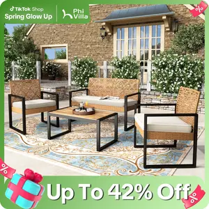 Phivilla Home Outdoor Wicker Patio Furniture Set, Cushioned Rattan Loveseat & Chairs, with Acacia Wood Coffee Table, Elegant All-Weather Seating for Garden, Backyard & Poolside, SpringGlowUp