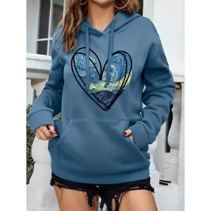 Graphic Hoodie [Heart Print Hoodie] – Casual long-sleeve women’s drawstring sweatshirt with heart print and kangaroo pocket