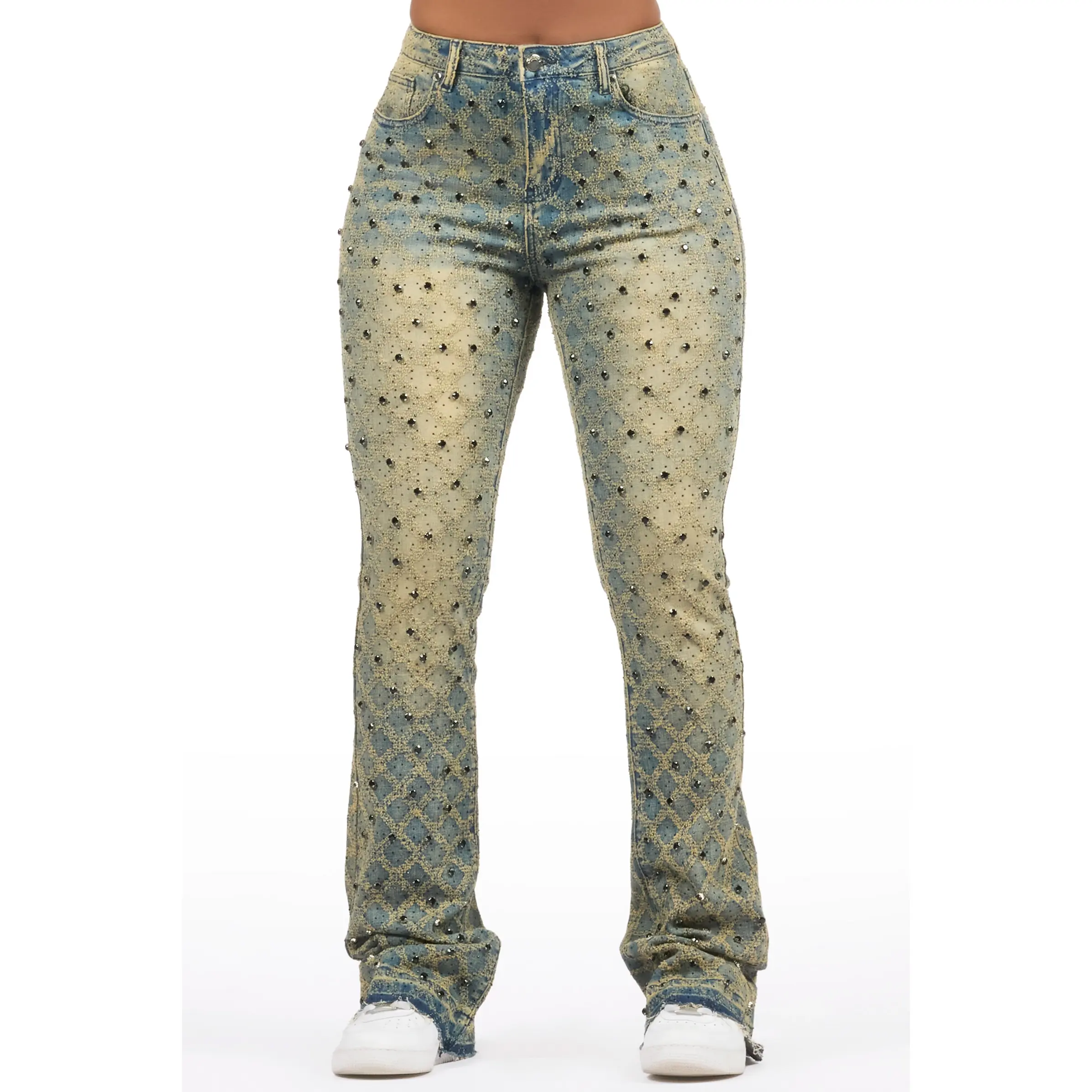 Sareka Tinted Dark Wash Rhinestone Stacked Flare Jean Sareka Tinted Dark Wash Rhinestone Stacked Flare Jean