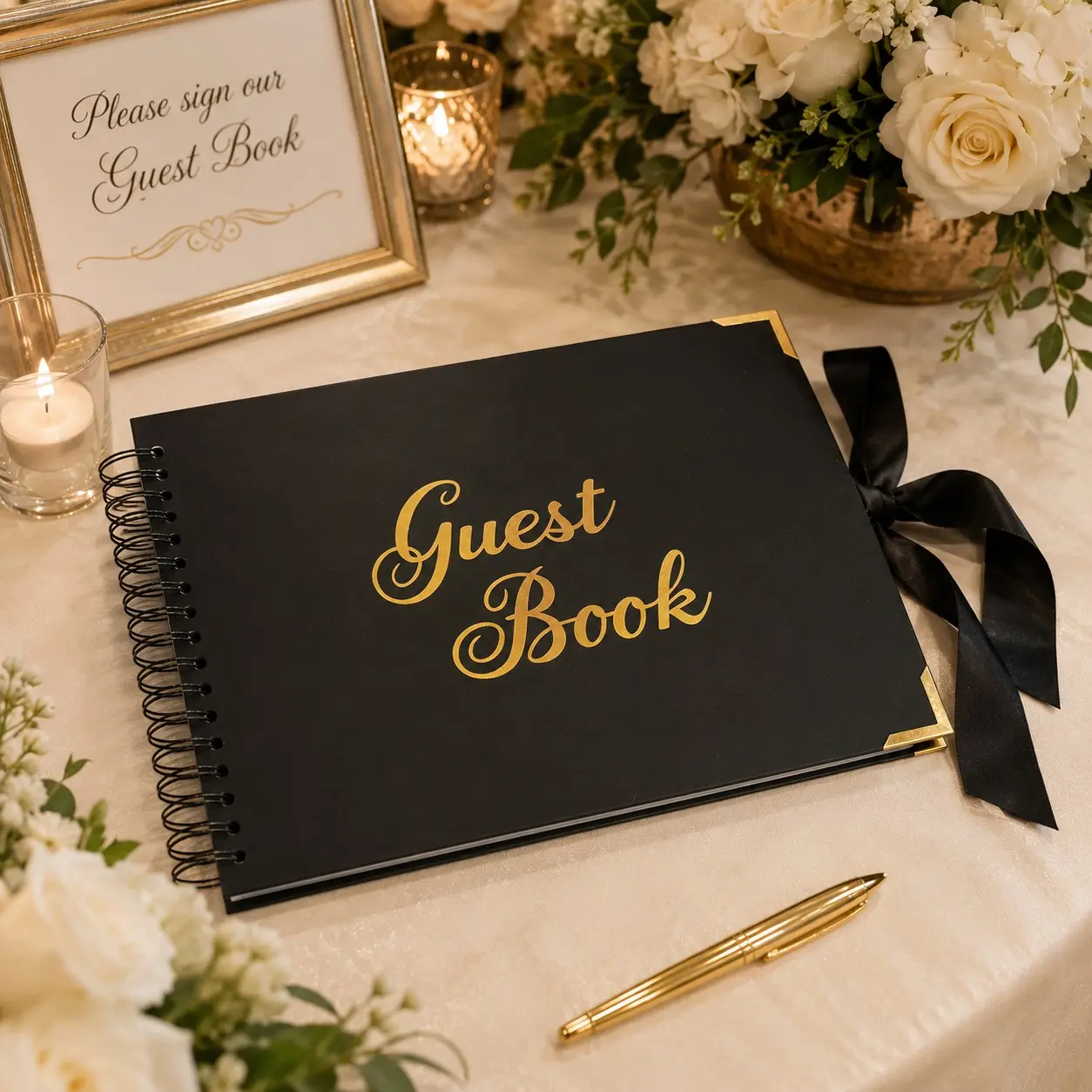 Spiral Bound Guest Book with Title, Satin Ribbon Tie, Corner Protectors for Weddings, Parties, Anniversaries, Events