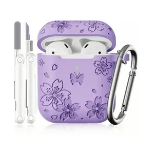 For AirPods Case Compatible with 2nd/1st Gen – Butterfly Flower Engraved Silicone Cover with Cleaner Kit & Keychain for AirPods 2nd Gen (Purple) Headphone Audio