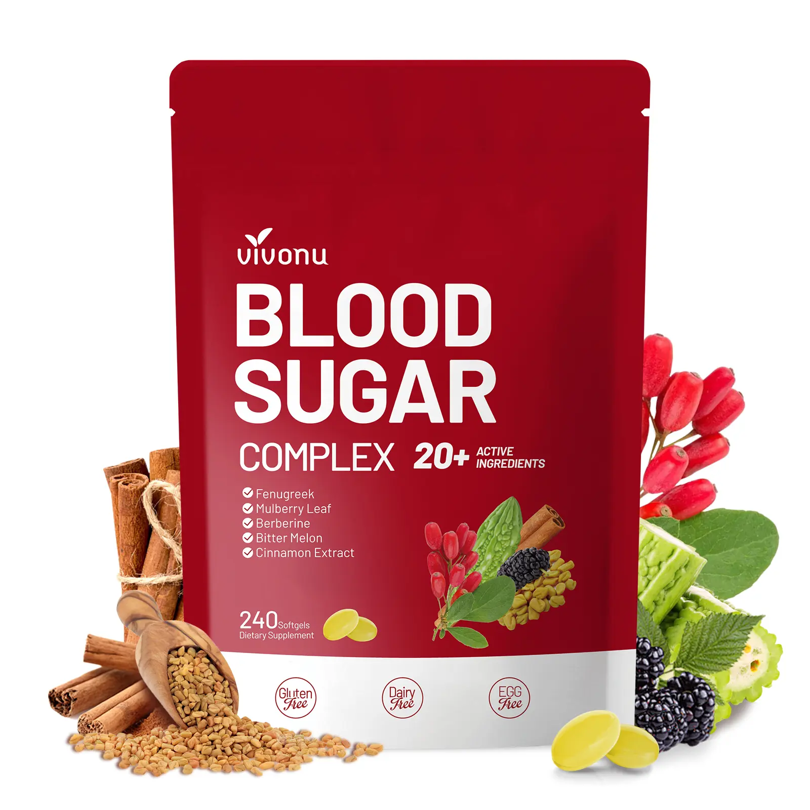 VIVONU BLOOD SUGAR COMPLEX –Blood Sugar Balance | Antioxidant Support | Metabolic Support | Enhanced Absorption | Bitter Melon + Turmeric + Cinnamon + Mulberry Leaf + Berberine + Fenugreek | 240 Capsules per Bag