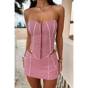 Dottie Strapless Lace-Up Top - Red Gingham