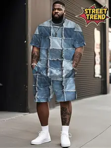 Men's Vintage Denim Patchwork Fringe Design T-Shirt and Short Casual Streetwear Set, Casual Summer Sports, Party, Travel, Gift, Plus Size