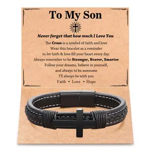 Gift for Boy - Cross Leather Bracelet for Teen Boys/Son/Grandson, Cool Things Stuff Easter Communion Christmas Birthday Gifts for Boys Men