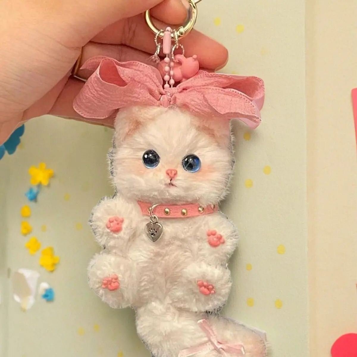 Kawaii White Cat Keychain for Women with Pink Bow and Heart Charm, Cute Collectible Animal Accessory, Keychains For Women, Kawaii Accessories, Cute Collectibles, Animal Keychains