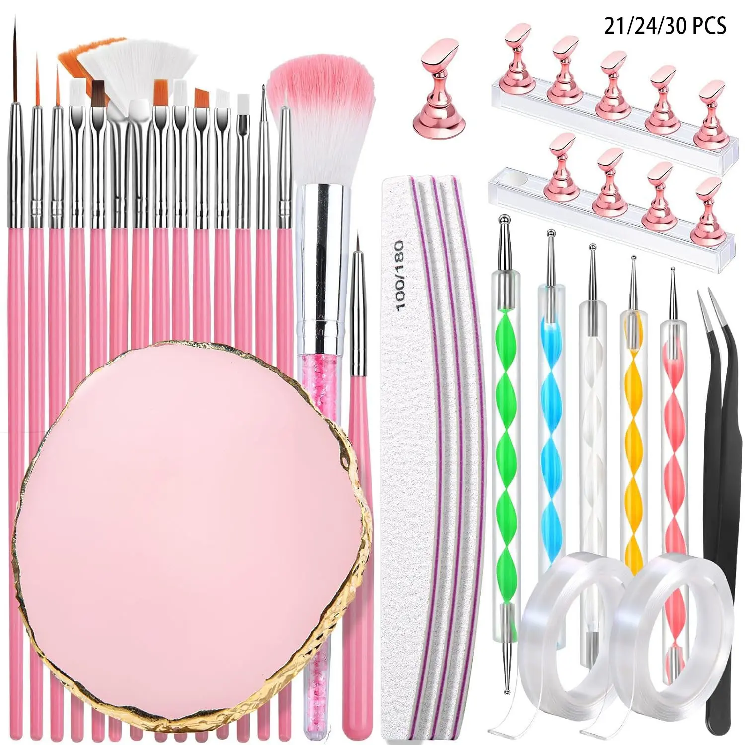 21/24/30-Piece Nail Art Tool Kit, Nail Tools Kits, Nail Art Set, Including Nail Brushes, Dual-Ended Dotting Pens, Nail Holders, Double-Sided Tape, Tweezers, Cleaning Brushes, Palette & Nail File, for Nail Salons and Home DIY