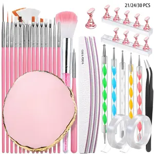 21/24/30-Piece Nail Art Tool Set, Nail Art Kit, Including Nail Brushes / Dual-Ended Dotting Pens / Nail Holders / Double-Sided Tape / Tweezers / Cleaning Brushes / Palette / Nail File Combo Set, Suitable for Nail Salons and Home DIY