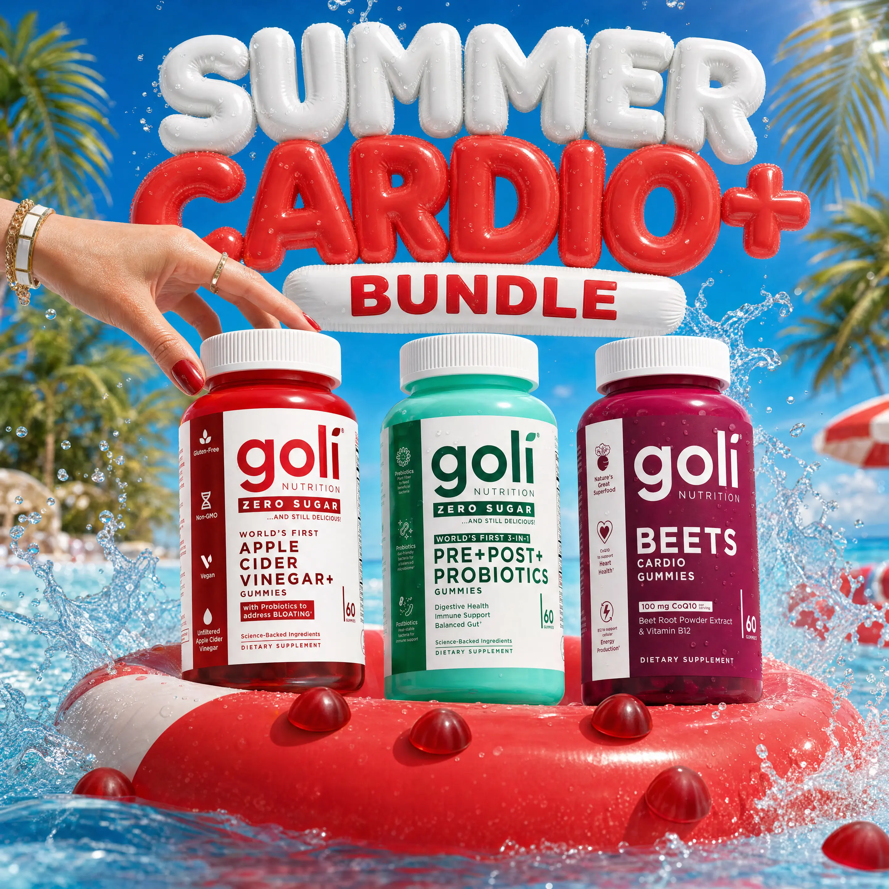 SUMMER CARDIO BUNDLE - Supports Gut Health, Digestion, Debloating - Goli Zero Sugar Apple Cider Vinegar Gummies, World’s First Zero Sugar  3-in-1 Pre, Post + Probiotics, & Beets Cardio Gummies with 100mg CoQ10. Vegan, Non-GMO, Gluten-Free & Gelatin-Free.