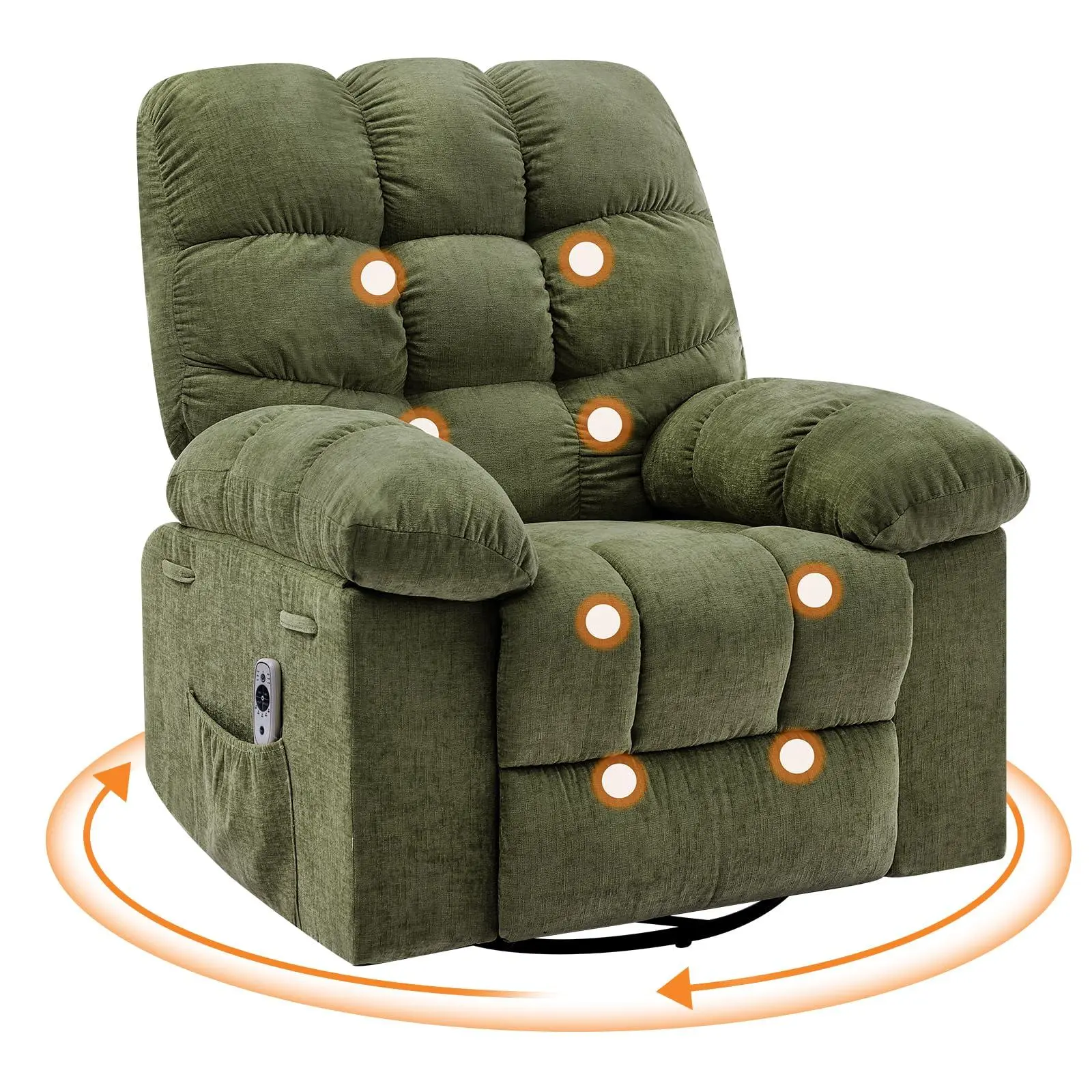 GARVEE Rocking Recliner Chair,Massage Rocker Recliner Chair with Vibration Massage and Heat,360°Swivel Recliner Chairs,Oversized Rocker Recliner Single Sofa with Side Pocket,Living Room,Bedroom,Nursery,Green