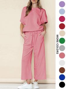 two-piece set women's solid textured wide leg pants set, casual drop shoulder tee & drawstring waist pants, vacation outfits sets, summer outfits clothes set for ladies outdoor holiday, womenswear, women's basic clothing