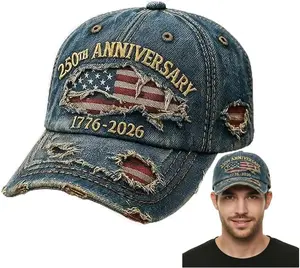 250th US Anniversary Distressed Denim Hat – 1776–2026 Embroidered Patriotic Baseball Cap, Adjustable Metal Buckle