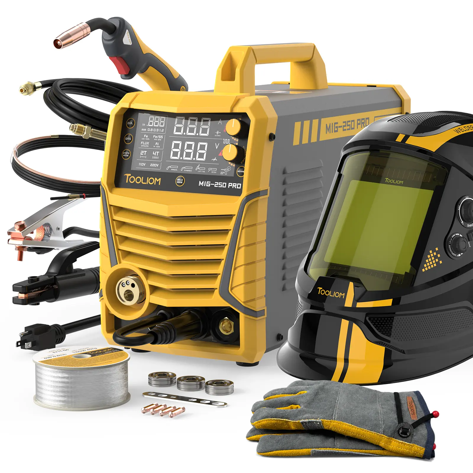 TOOLIOM MIG-250 PRO Aluminum MIG Welder Protection Bundle - 250A 6-in-1 Pulse/Spool Gun/MIG/Flux Core/Lift TIG/MMA Welding Machine with Auto-Darkened Helmet, Gloves & E71T-GS Wire