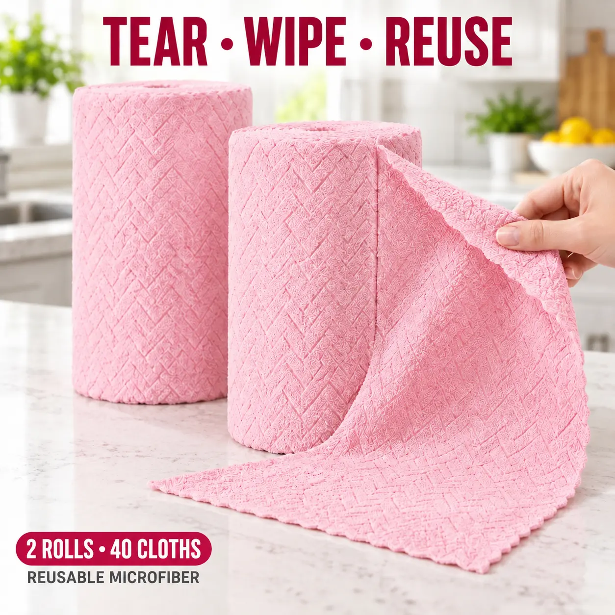 Premium Micro-Fiber Cleaning Cloths 40-Pack Long Length Roll Set (2 Rolls), Tear-Away Highly Absorbent Multi-Piece Reusable Wipes, Machine Washable Dish Rags for Kitchen, Car Cleaning, Highly Absorbent Cleaning Cloths