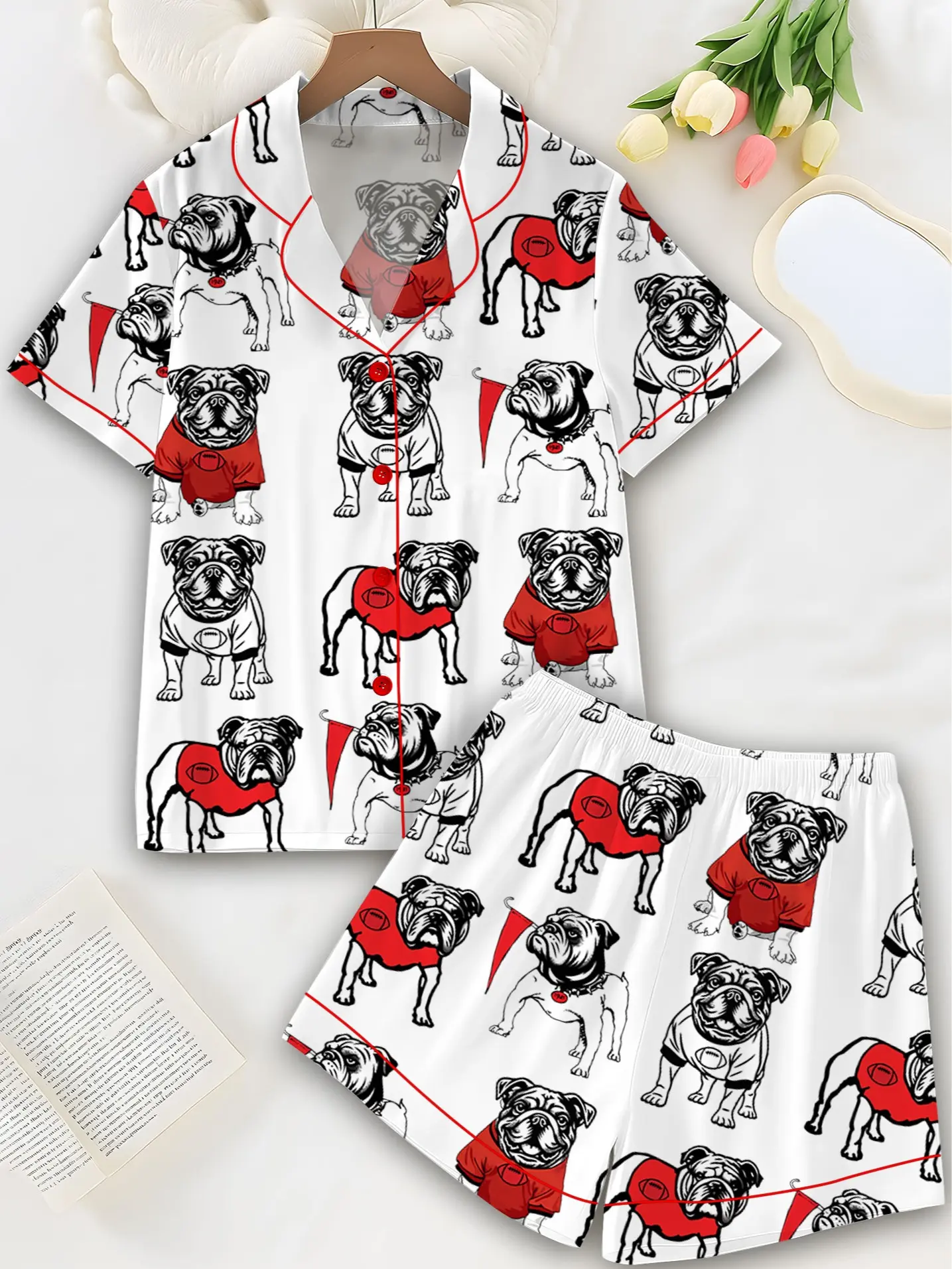 Bulldogs Football Satin Pajama Set, Pitbull Dog Pajama, Women's Luxury Sleepwear