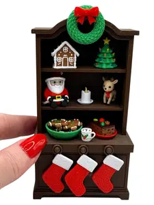 Mini 3D Printed Christmas Hutch with Santa, Stockings, Wreath, Tree, Candle, Reindeer, Gingerbread, Cocoa, Fruitcake, decor, desk, holidays Gift