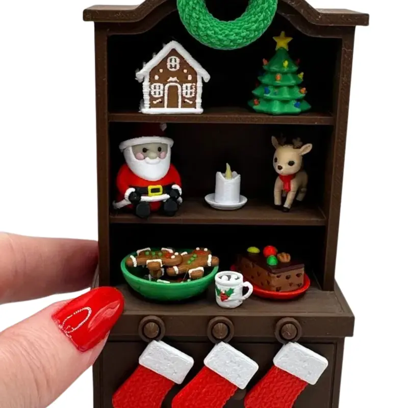 Mini 3D Printed Christmas Hutch with Santa, Stockings, Wreath, Tree, Candle, Reindeer, Gingerbread, Cocoa, Fruitcake, decor, desk, holidays Gift