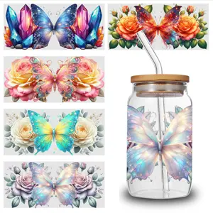 5 Sheets Butterfly Rose UV DTF Stickers UV DTF cup packaging transfer sticker, 16oz carafe decoration, suitable for any smooth object surface, craft decoration, glass decoration, campus decoration, small gifts for friends, small gifts for family.