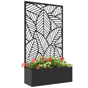 Outsunny Outdoor Privacy Screen with Planter Box, Metal Privacy Panel, and Raised Garden Bed, Wall-Mounted or Freestanding for Garden, Patio, Pool, Hot Tub, Black