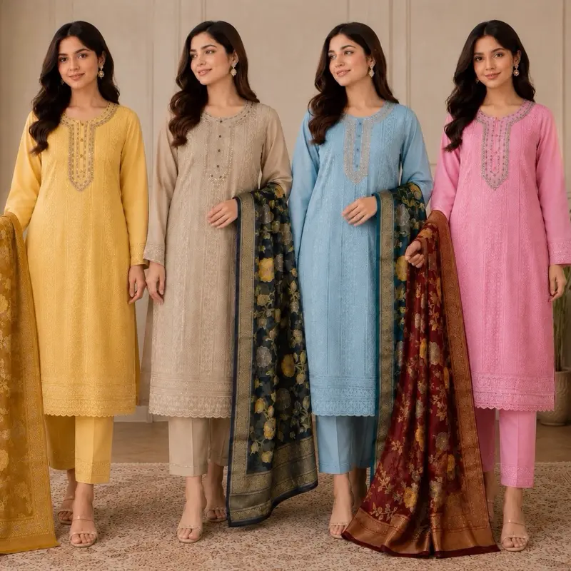 Elegant Chiffon 3PC Suit | Embroidered Summer Dress | Modest Party Wear | 4 Colors Available
