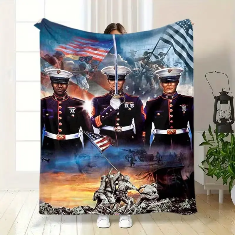 Marine Corps Hero Uniform featuring the American flag and cavalry soldier motif. Luxury, warm and comfortable, Comfy Blankets, made from 280gsm polyester, suitable for all seasons—perfect for relaxation, camping, travel Inspirational Blanket