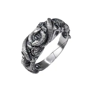 Carved skull rose snake wrapped ring men's jewelry