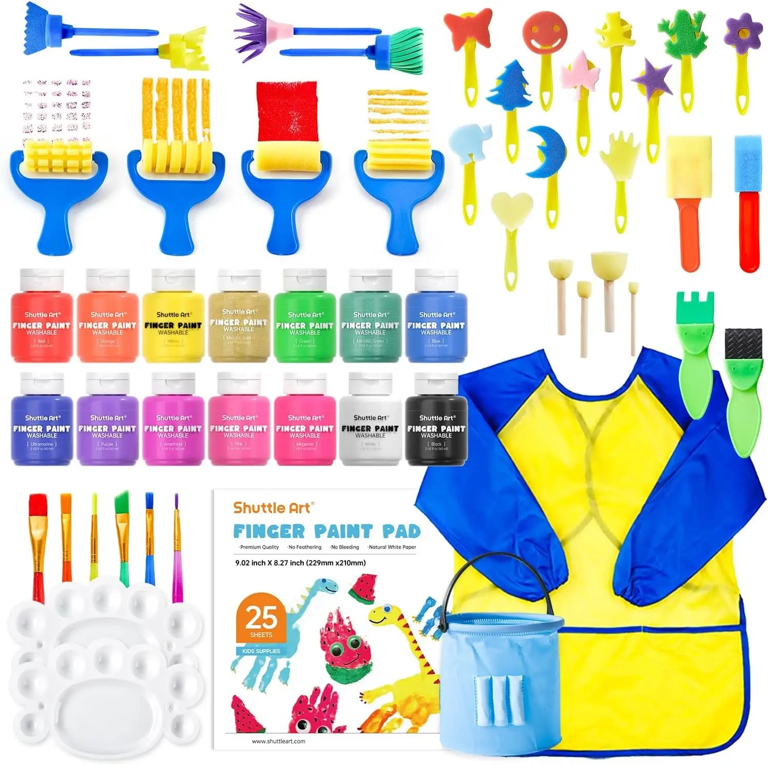 Shuttle Art Washable Non-Toxic Finger Paint Set for Early Learning, 53 PCS with 14 Colors (2 fl oz), 1 Palette, Glitter, Paint Brushes, 12 Sponge Stampers, 1 Water-Proof Smock