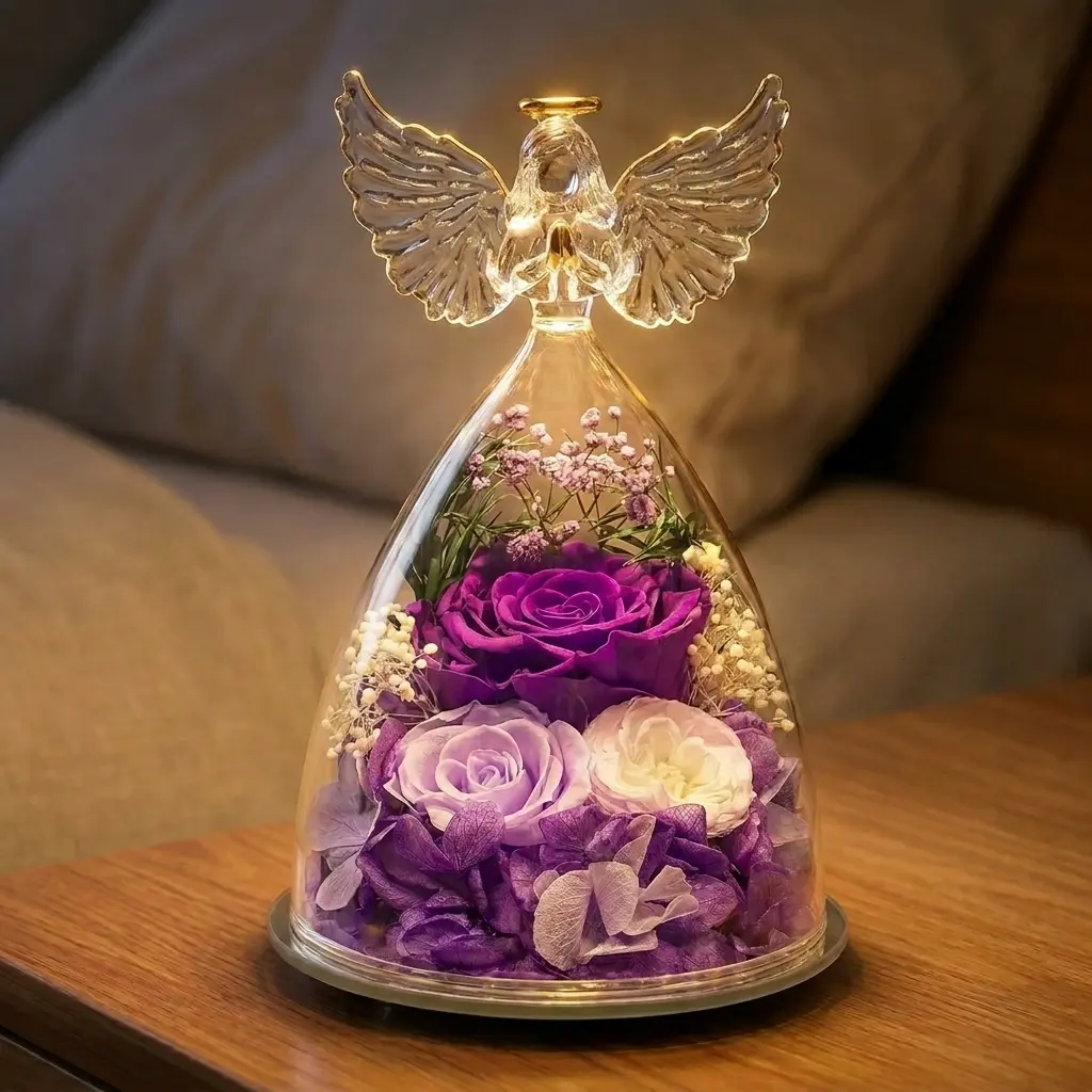 FIACO A-Purple Roses Artificial Bouquet in Glass Angel Figurine Dome - Color-Coordinated Gold Austin Decorative Flowers, Home Decor Room Accessory, Ideal Mother's Day Gift